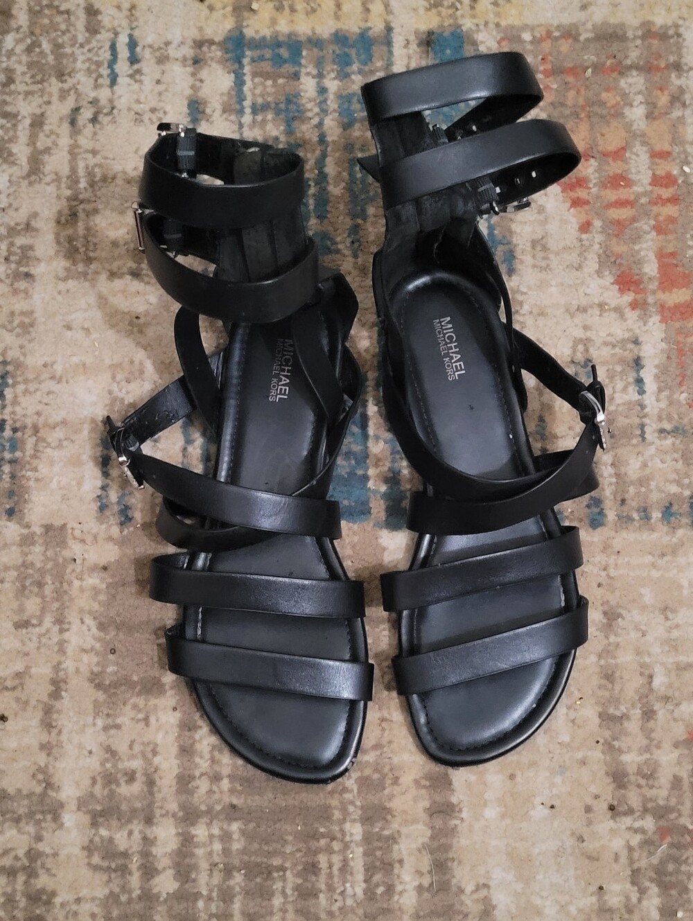 MICHAEL Michael Kors Black Strappy Gladiator Sandals with Multiple Ankle Straps